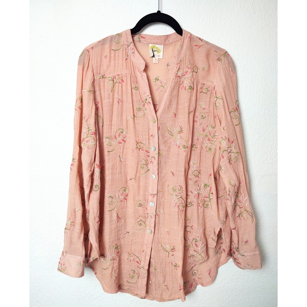 Anthropologie Fig and Flower Embroidered Tunic Blouse Roll Tab Button Front Pink - Picture 14 of 14